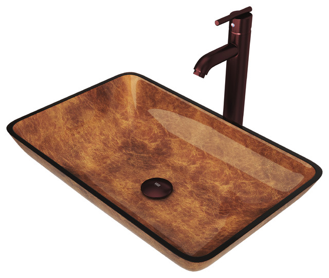 Vigo Rectangular Russet Glass Vessel Sink And Faucet Set Oil Rubbed Bronze