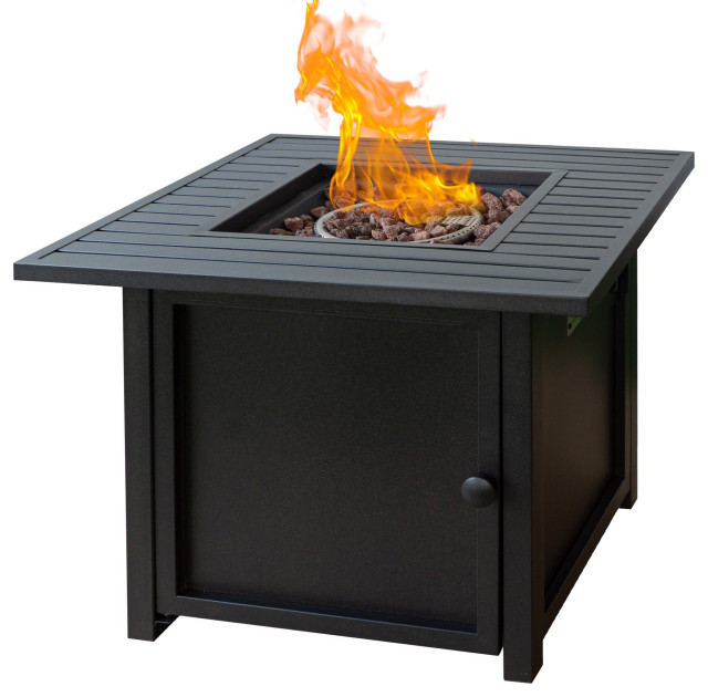 30" Brown Square Slat Top Fire Pit Table with Lid Transitional Fire