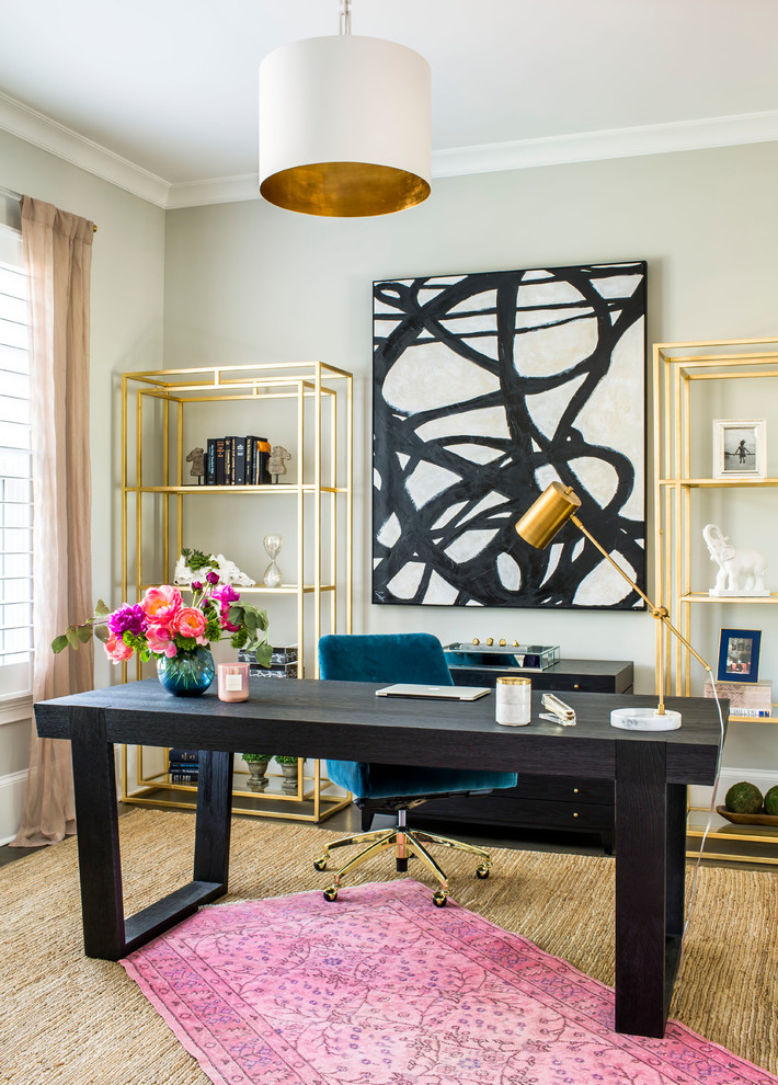 Inspiration for a transitional freestanding desk dark wood floor study room remodel in Atlanta with gray walls