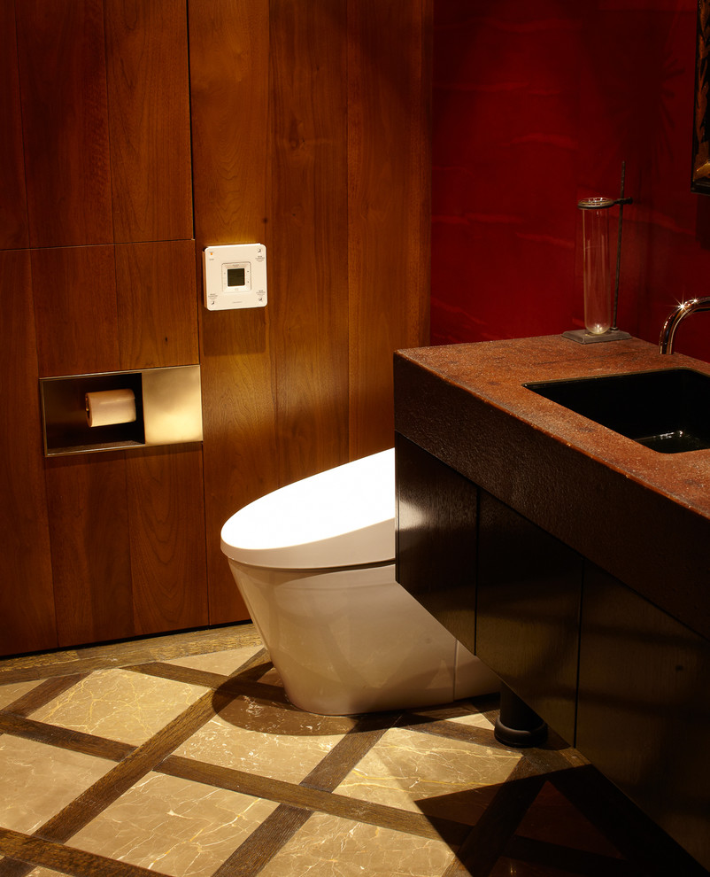 Inspiration for a contemporary powder room in Austin with an undermount sink, engineered quartz benchtops, a one-piece toilet and brown walls.