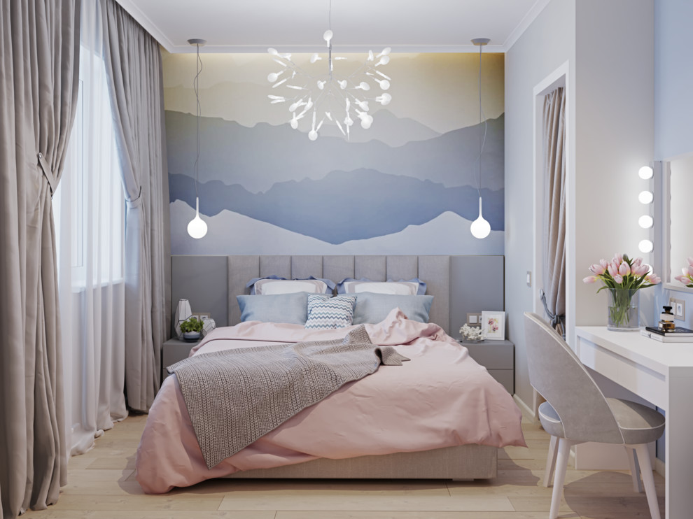 Idée de décoration pour une petite chambre parentale design avec un mur gris, sol en stratifié et un sol beige.
