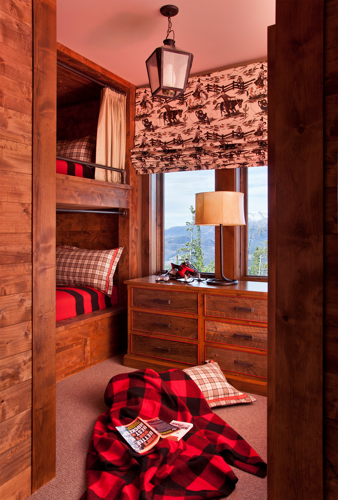 Inspiration for a mid-sized country guest bedroom in Other with no fireplace, beige floor and panelled walls.