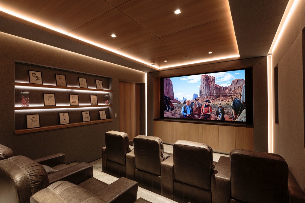Design ideas for a contemporary enclosed home theatre in Los Angeles with grey walls, carpet and grey floor.