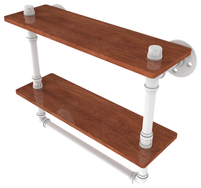 Pipeline Double Ironwood Shelf with Towel Bar, Matte White, 16"