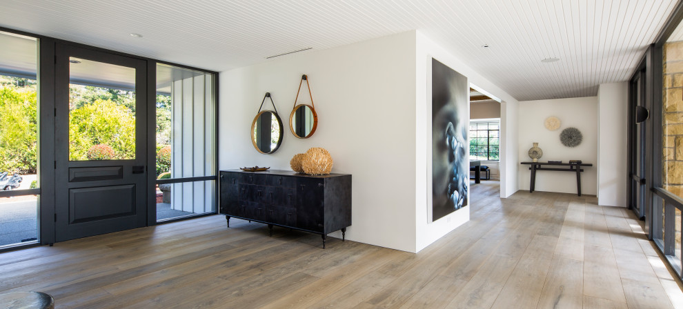 Example of a large transitional light wood floor and brown floor foyer design in Santa Barbara with white walls and a black front door