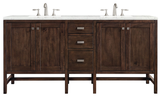 Addison 72" Double Vanity Cabinet, Mid Century Acacia, Eternal Jasmine Pearl Quartz