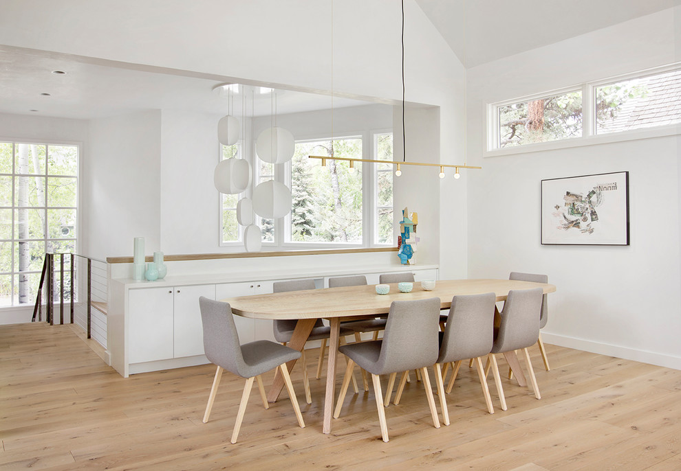 Photo of a scandinavian dining room with white walls, light hardwood floors and no fireplace.