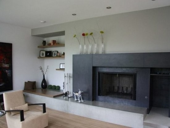 Design ideas for a large contemporary formal enclosed living room in Calgary with white walls, light hardwood floors, a standard fireplace and a concrete fireplace surround.