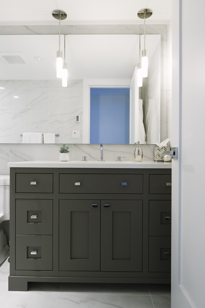 Design ideas for a mid-sized transitional master bathroom in Vancouver with shaker cabinets, grey cabinets, black and white tile, porcelain tile, white walls, porcelain floors, engineered quartz benchtops and an undermount sink.