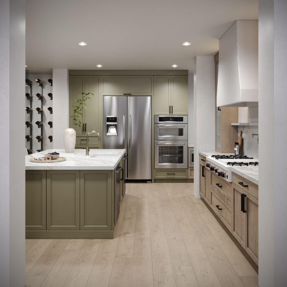 Photo of a mid-sized transitional eat-in kitchen in Orange County with recessed-panel cabinets, green cabinets, stainless steel appliances, laminate floors, with island, beige floor and white benchtop.