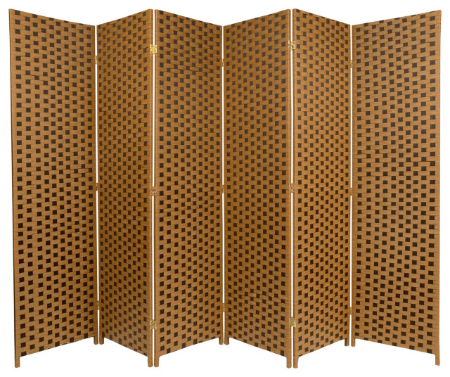 Contemporary 6 Panels Room Divider, Woven Checkerboard Design, Dark ...
