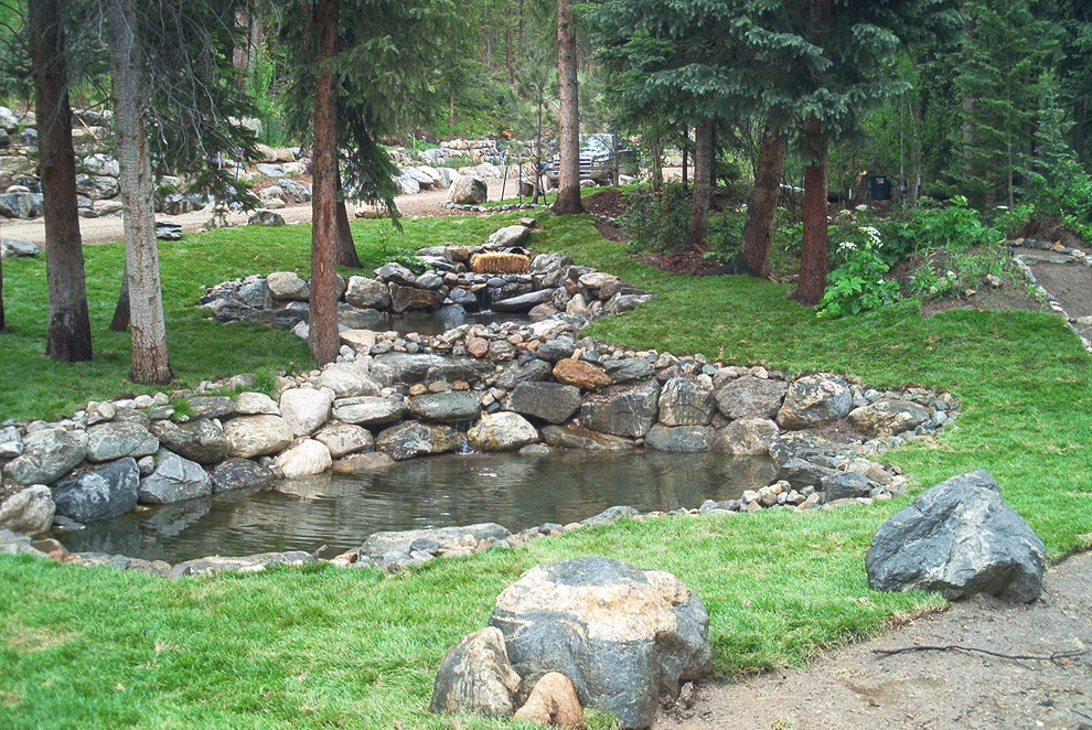 Example of a huge mountain style front yard stone and custom-shaped aboveground pool fountain design in Denver