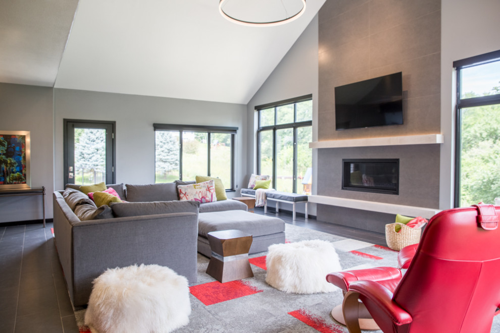 Immagine di un soggiorno moderno chiuso con pareti grigie, camino classico, TV a parete, pavimento grigio, cornice del camino in cemento e soffitto a cassettoni
