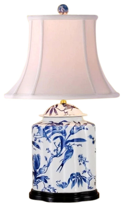 Chinese Blue and White Porcelain Tea Caddy Bird Motif Table Lamp 27"