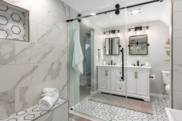 Warm Modernized Cape Cod bathroom