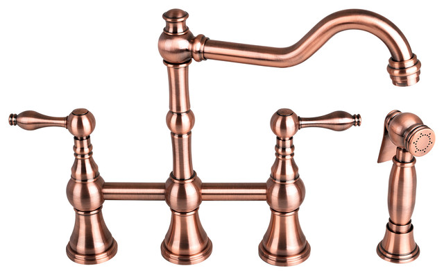 Kitchen Bridge Faucet In Antique Copper With Metal Side Spray