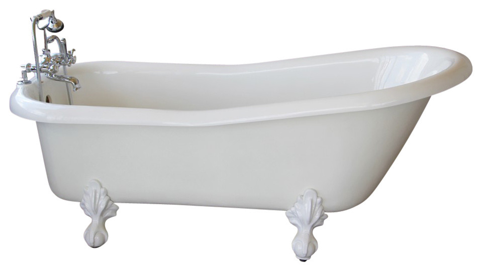 Ambassador White Slipper Clawfoot Tub With Nickel Feet, Wall Drilled Faucets