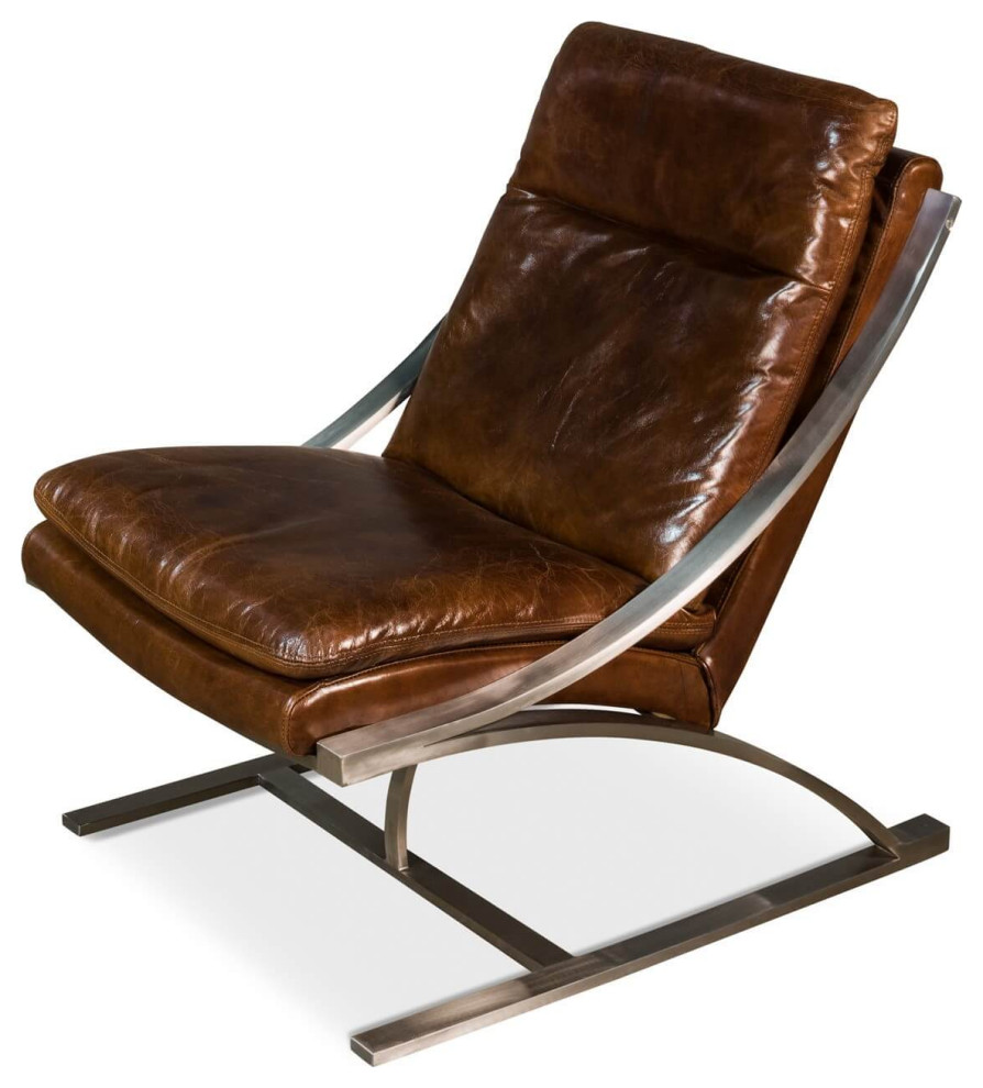 Modern Stainless Steel and Brown Leather Chair Contemporary