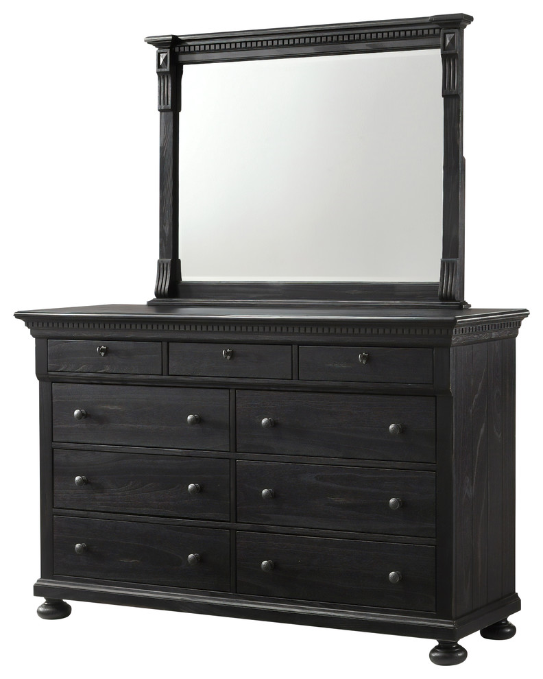 Xavier 9 Drawer Dresser And Mirror Distressed Black Traditional