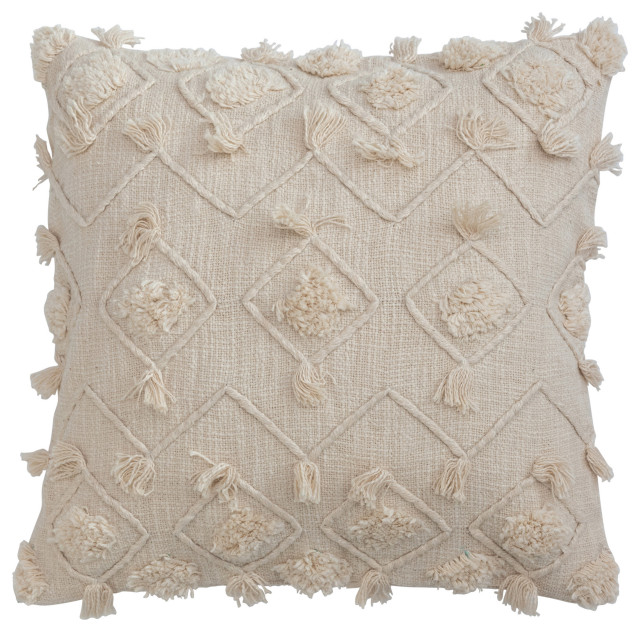 Cotton Slub Pillow Cover with Diamond Embroidery, Tufting and Fringe