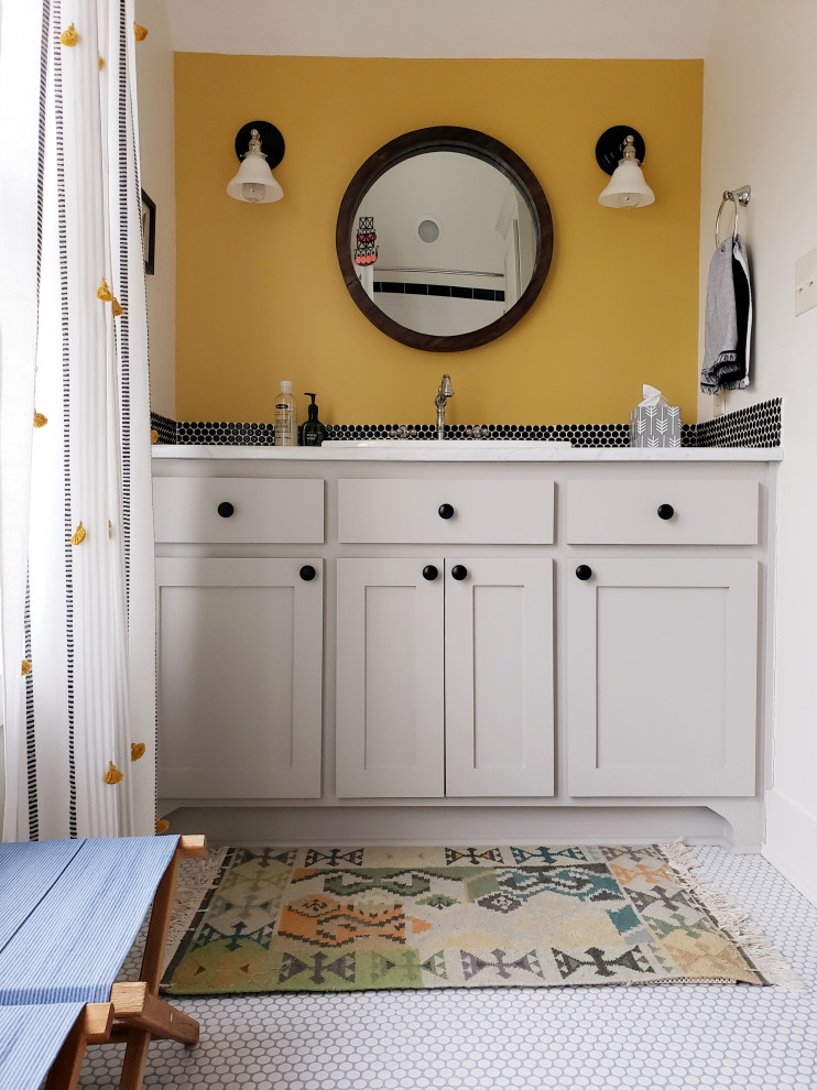 Design ideas for a small eclectic master bathroom in Little Rock with shaker cabinets, white walls, a drop-in sink, white benchtops, grey cabinets, an alcove tub, an alcove shower, black and white tile, ceramic tile, porcelain floors, marble benchtops, white floor, a single vanity and a built-in vanity.