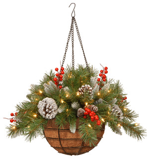 20" Frosted Berry Hanging Basket With Battery Operated Warm White LED Lights