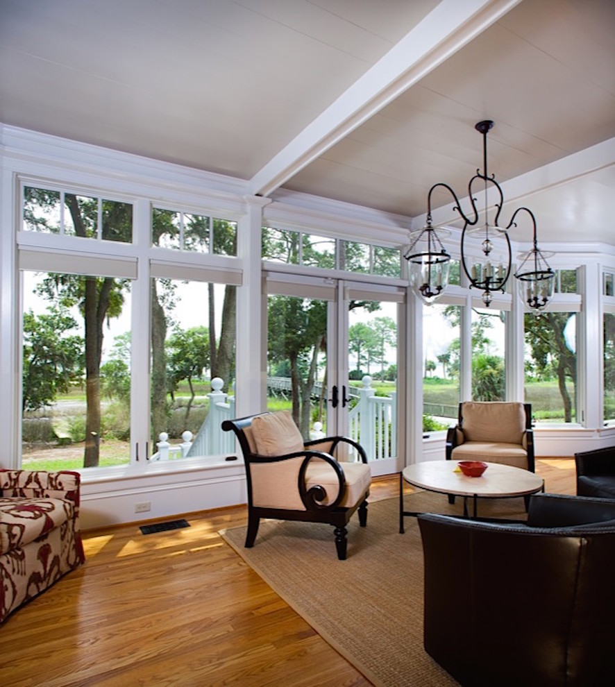 Photo of a large beach style sunroom in Atlanta with light hardwood floors, no fireplace, a standard ceiling and white floor.