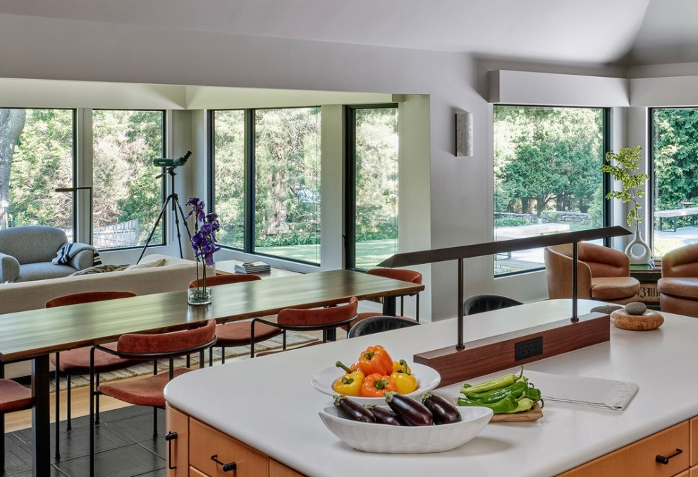 Aménagement d'une salle à manger ouverte sur la cuisine contemporaine de taille moyenne avec un mur blanc, un sol en carrelage de porcelaine, un sol noir et un plafond voûté.