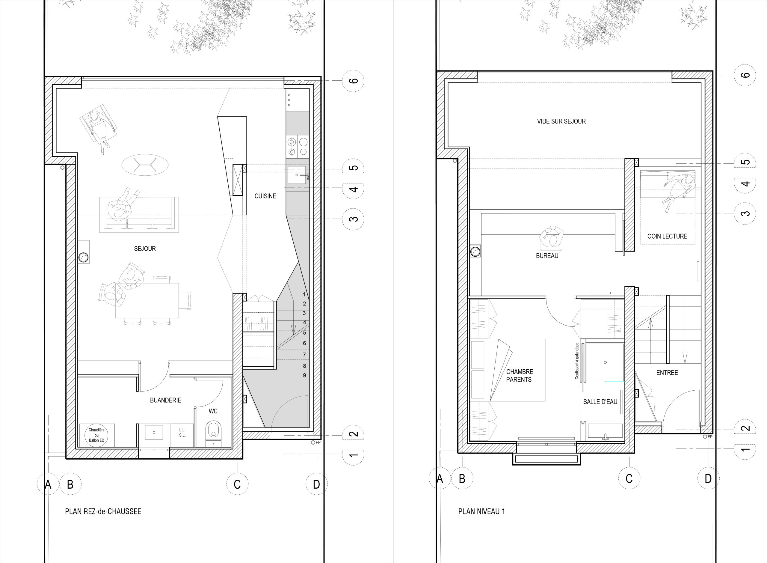 Plan du rez-de-jardin et du rez-de-chaussée
