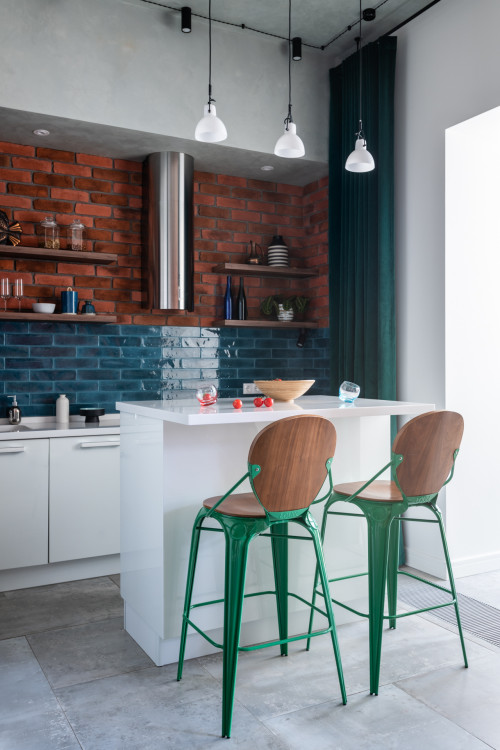 Vibrant Touch: Open Shelving Kitchen Storage with Blue and Red Tiles