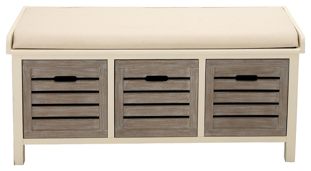 Elegant Wood 3-Drawer Fabric Bench, White and Gray