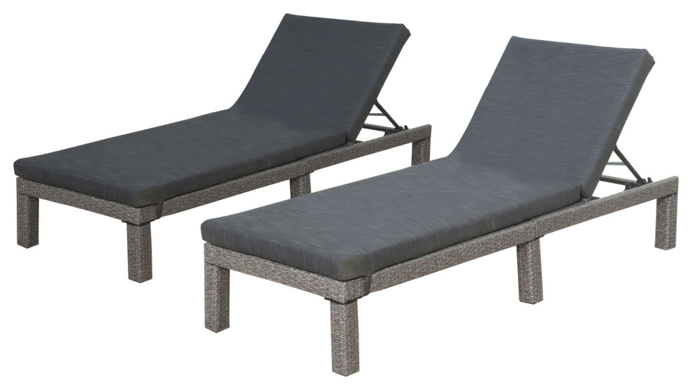 GDF Studio Venice Outdoor Black Wicker Chaise Lounge, Cushions, Set of