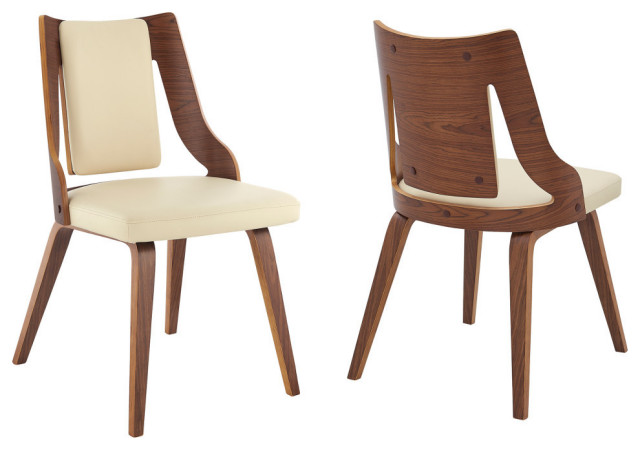 Aniston Faux Leather and Walnut Wood Dining Chairs Set of 2, Cream and Walnut
