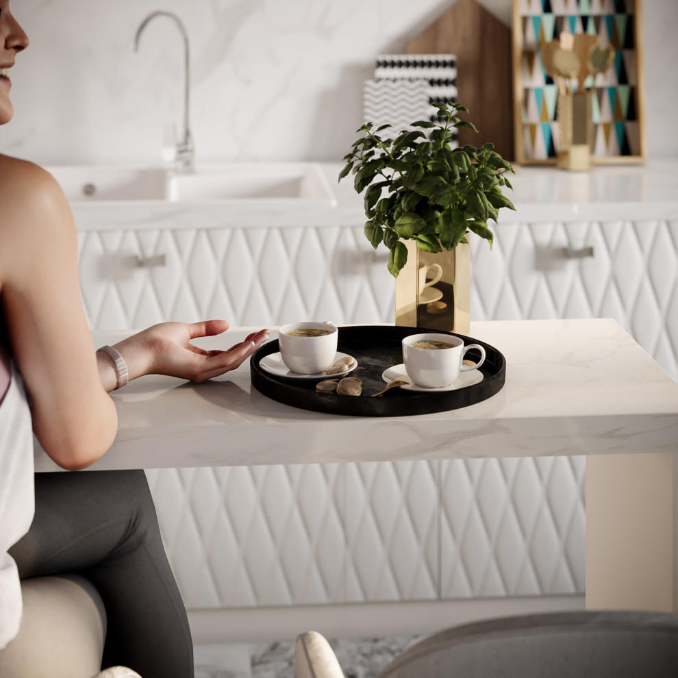 Мятная неоклассика. Кухня-гостиная в загородном доме.