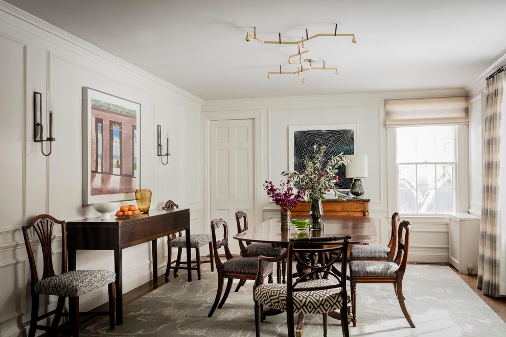 Photo of a large transitional separate dining room in Boston with white walls and no fireplace.