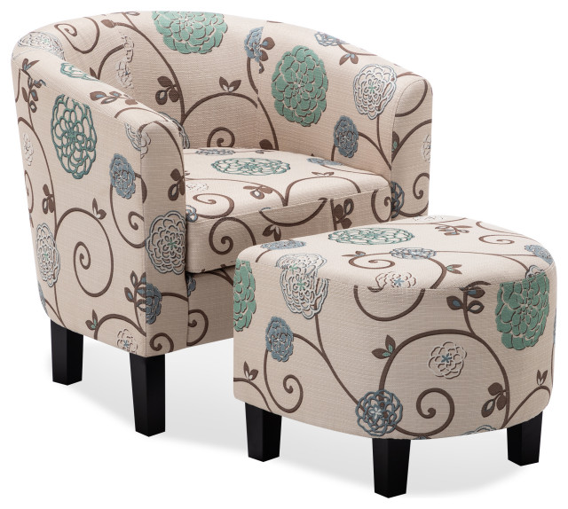 Accent Chair w/ Ottoman Round Arms Curved Back French Print Script,Beige Floral