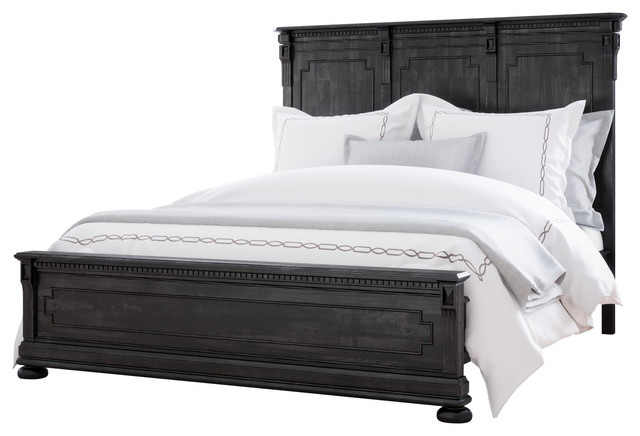 Xavier Distressed Black Solid Wood Bed, Black Panel Bed King