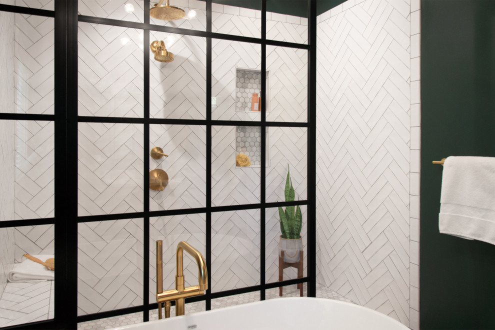 This is an example of a mid-sized midcentury master bathroom in Chicago with shaker cabinets, medium wood cabinets, a freestanding tub, an open shower, white tile, porcelain tile, green walls, porcelain floors, quartzite benchtops, black floor, an open shower, white benchtops, a shower seat, a double vanity, a freestanding vanity and wood.