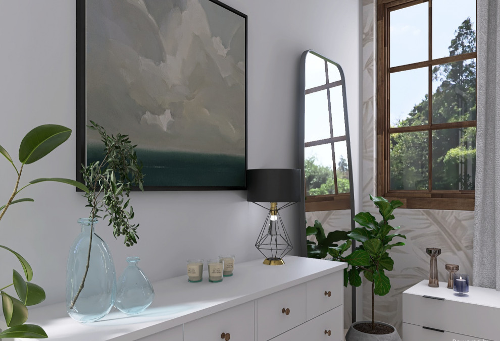 Cette image montre une chambre parentale blanche et bois minimaliste de taille moyenne avec un mur blanc, parquet clair, un sol beige et du papier peint.