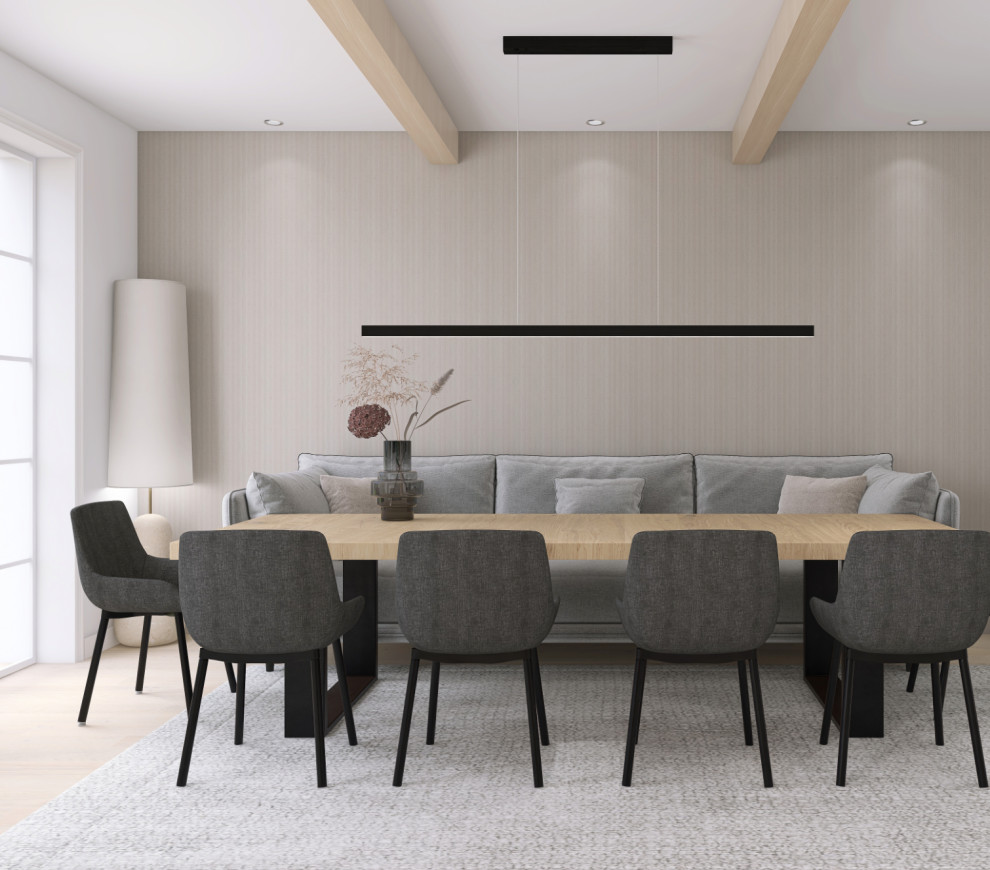 Design ideas for a scandinavian open plan dining with beige walls, light hardwood floors and wallpaper.