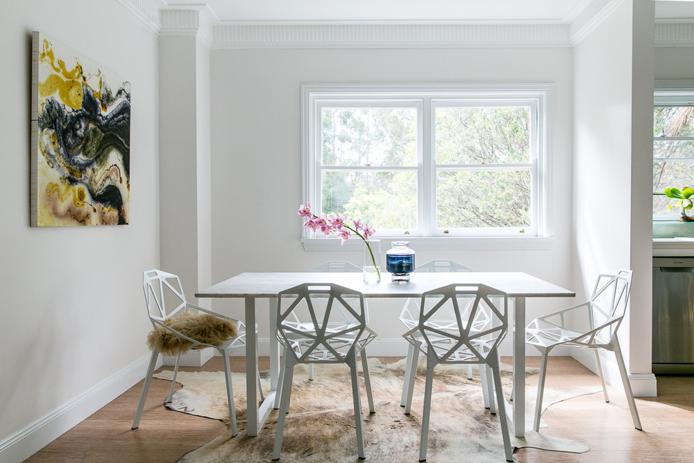 Inspiration for a scandinavian dining room in Sydney with white walls and light hardwood floors.