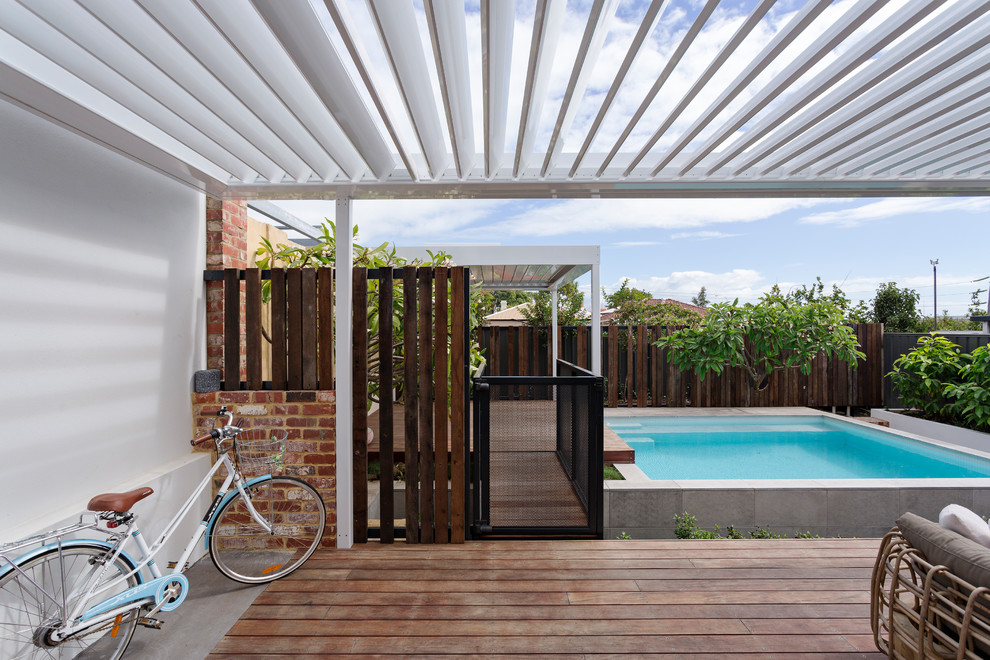Design ideas for a mid-sized transitional backyard patio in Perth with decking, a pergola and a container garden.