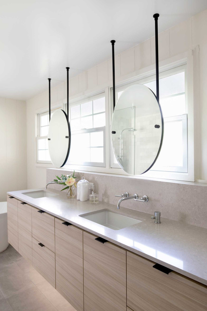 Inspiration for a large contemporary master bathroom in Hawaii with flat-panel cabinets, light wood cabinets, white walls, beige floor, white benchtops, a double vanity and a floating vanity.