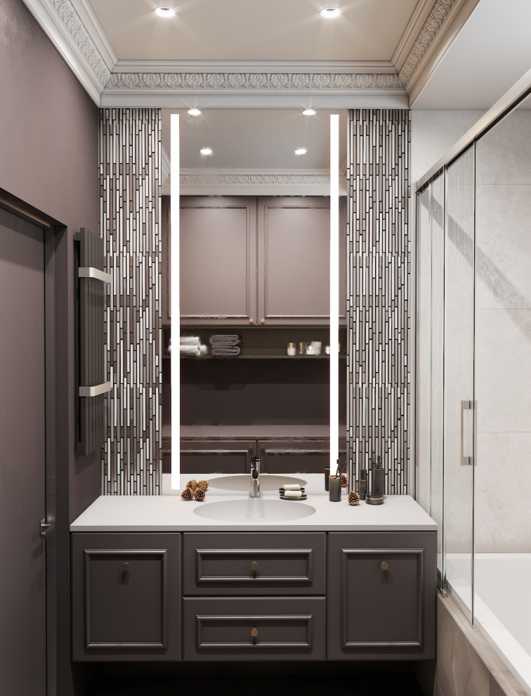 Photo of a mid-sized contemporary master bathroom in Moscow with brown cabinets, an undermount tub, an integrated sink, white benchtops, a single vanity and a freestanding vanity.