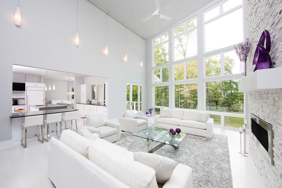 Expansive contemporary formal open concept living room in Indianapolis with white walls, a ribbon fireplace, a metal fireplace surround and no tv.