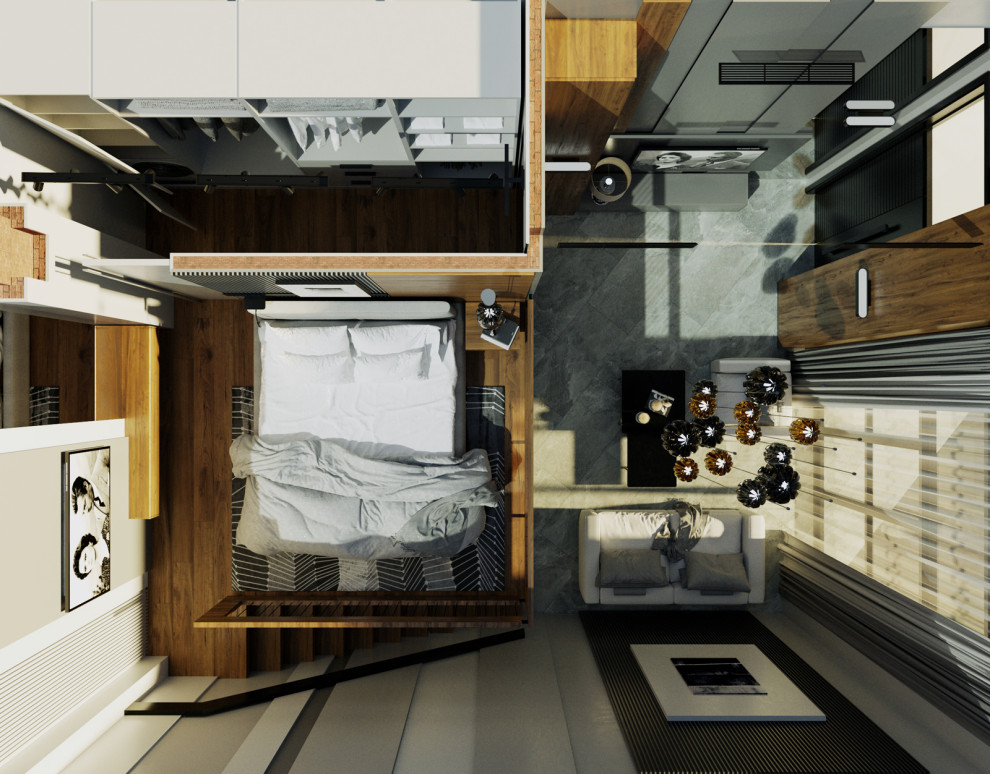 Стильный дизайн: огромная хозяйская спальня в стиле модернизм с серыми стенами, светлым паркетным полом, коричневым полом, панелями на части стены и телевизором - последний тренд