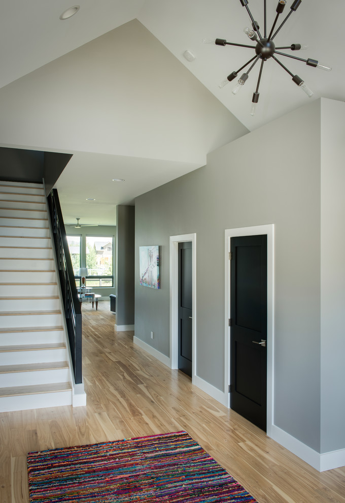 Foyer - mid-sized transitional light wood floor foyer idea with gray walls and a blue front door