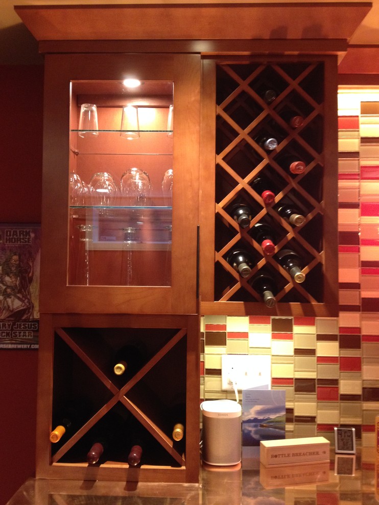 Large transitional wine cellar photo with diamond bins
