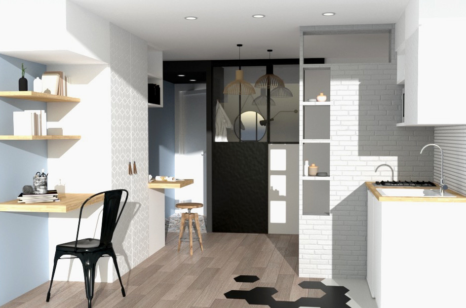 Design ideas for a small scandinavian single-wall open plan kitchen in Other with an undermount sink, flat-panel cabinets, white cabinets, wood benchtops, white splashback, mosaic tile splashback, panelled appliances, ceramic floors, no island, black floor and brown benchtop.