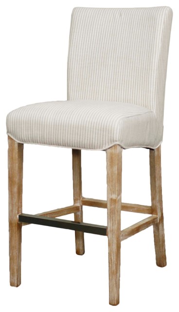Milton Fabric Counter Stool With Natural Wood Legs, Tan Stripes